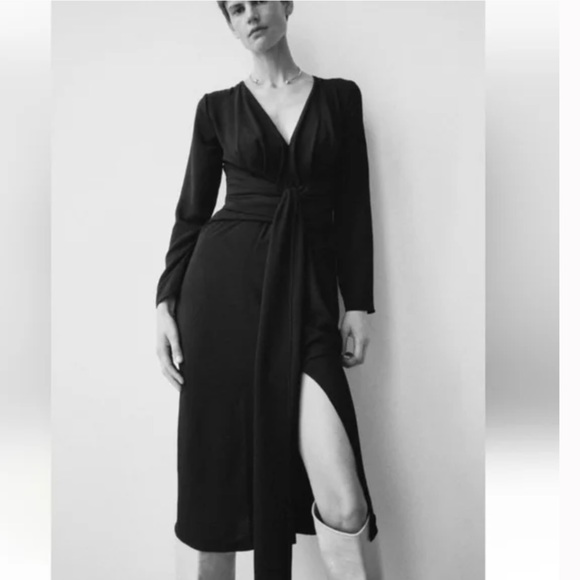 Zara Dresses & Skirts - NWOT Zara V-Neck Poplin Tie Front Midi Dress Medium Black Grunge Long Sleeve